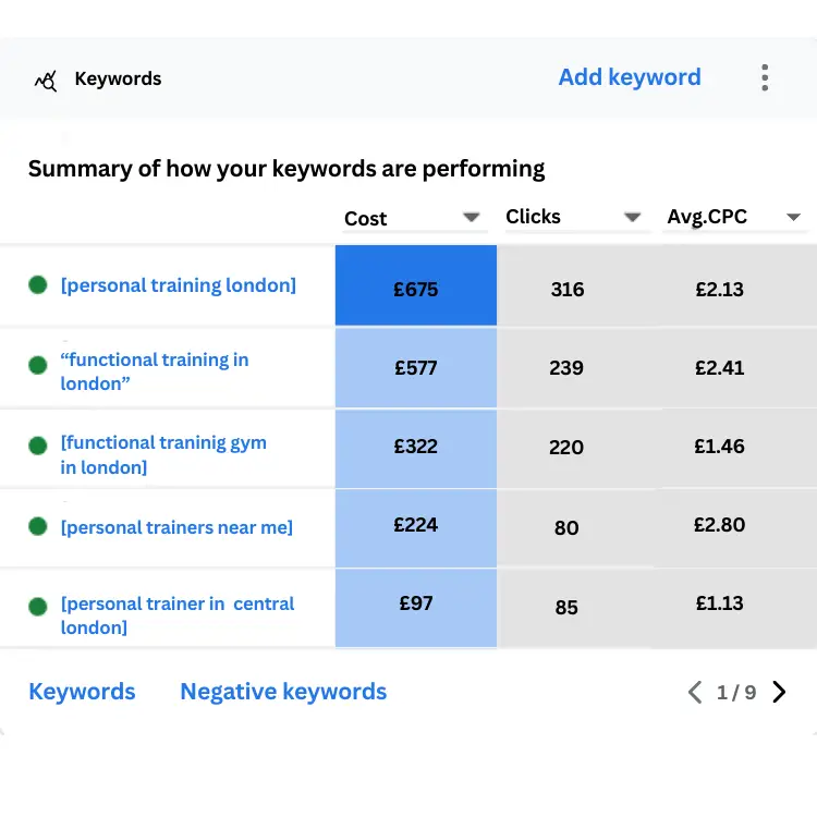 Google Ads auction insights showing client advertising performance
