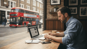 London business owner starting website in café