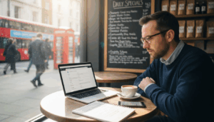 Business owner working on local SEO in cafe
